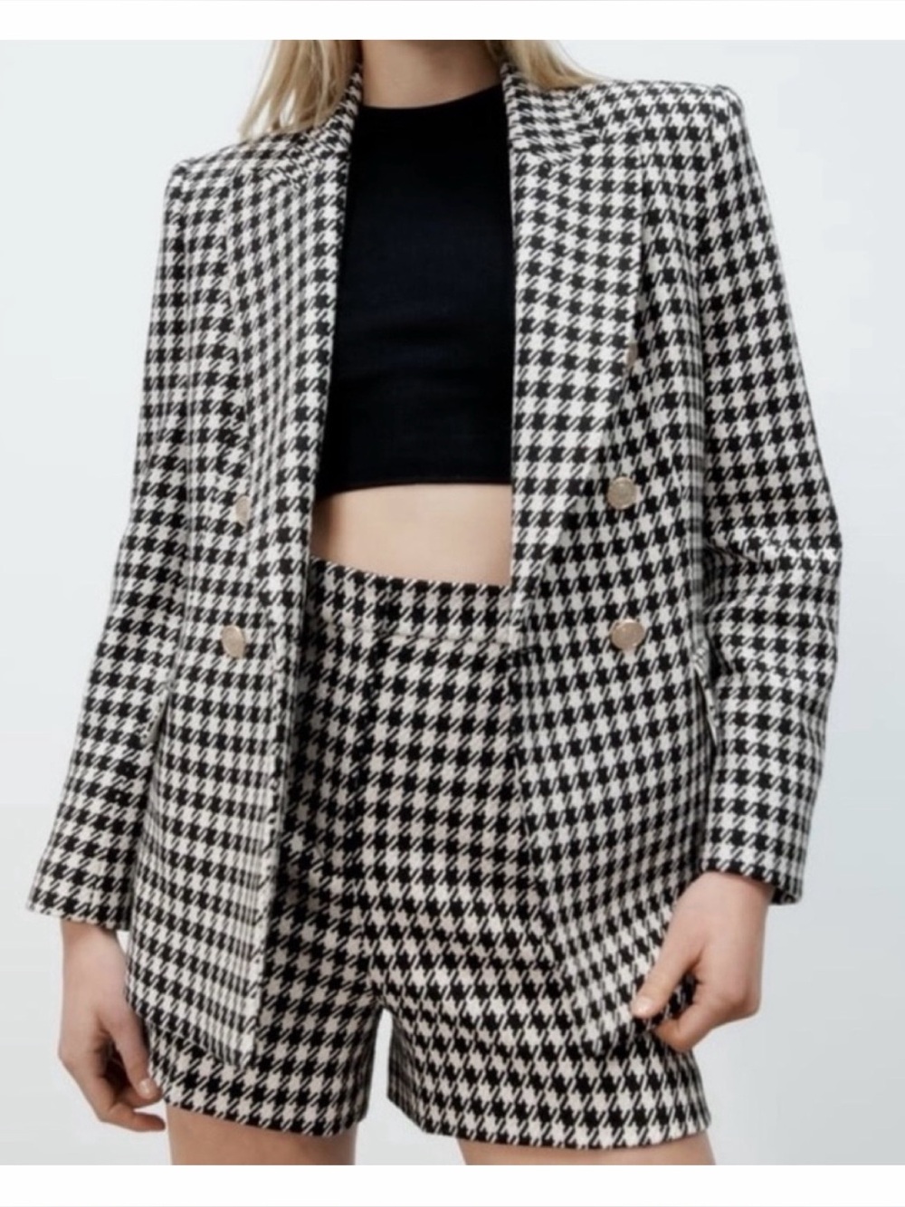 ZARA • Black/White Houndstooth Double-Breasted Structured Blazer Jacket, L